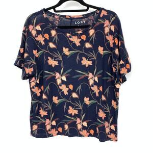 LOFT Linen Short Sleeve Boxy T-Shirt Womens Size Medium Navy Blue Floral Print